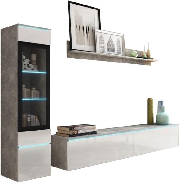 Wohnwand Vera Anbauwand 3-teilig beton weiß hochglanz grifflos