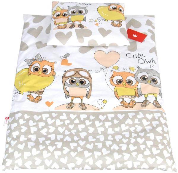 BABYLUX 2 tlg. Set Bezug für Kinderwagen Stubenwagen oder Wiege Garnitur Bettwäsche Kissen Decke 60x78 cm (105. Eule Beige)