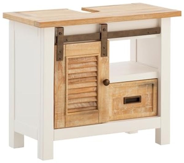 Capera Waschbeckenunterschrank Weiß Braun 70cm Pinienholz Schiebetür Stauraum Badezimmermöbel