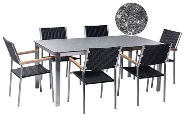 Gartentisch Set COSOLETO GROSSETO Sicherheitsglas Granit Optik 180x90x75 cm Schwarz