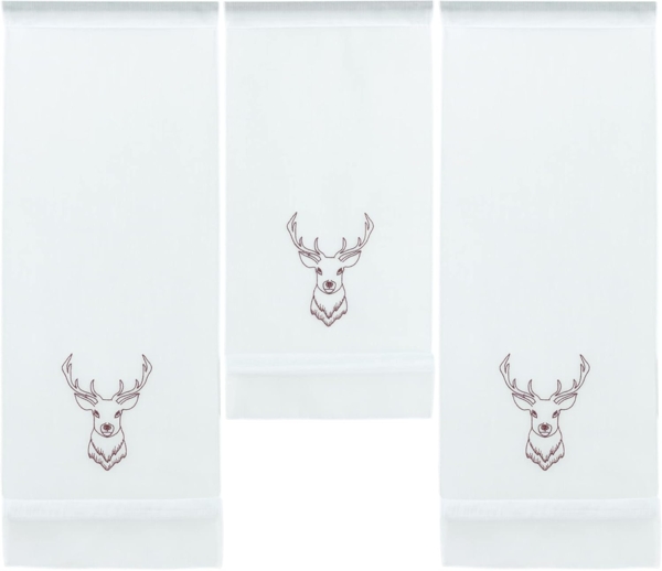 Clever-Kauf-24 Scheibengardine Design Mini Flächenvorhang Set bestickt Hirsch braun, 4056-01, (3 St), Stangendurchzug, transparent, bestickt