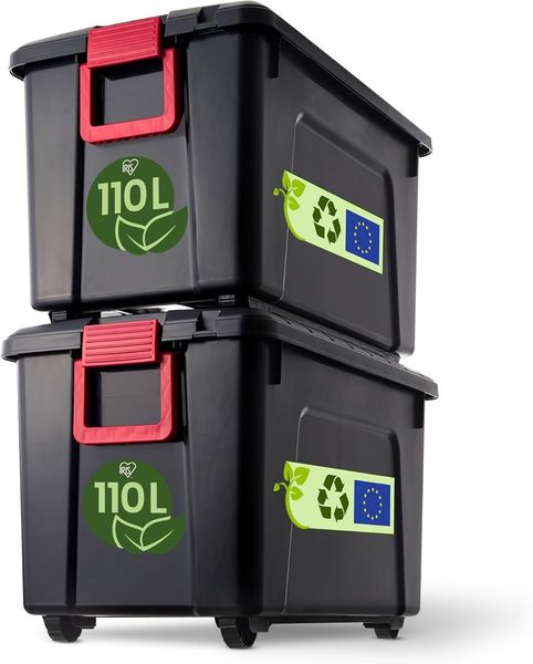 Iris Ohyama, große Kunststoff-Aufbewahrungsbox, 110 l Garagen-Aufbewahrungsbox, 2er-Set, SIA-110, schwarz, stapelbar, Verschlussklammern – B75 x T44,5 x H45 cm