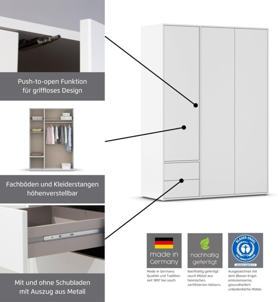 Rauch Möbel Nabila, Drehtürenschrank, Kleiderschrank, Kleiderschränke, Garderobe, 3-türig, 2 Schubladen, Push-to-Open, Farbe Weiß/Grau metallic, Schwarz, 140 x 194 x 53 cm Bild 5