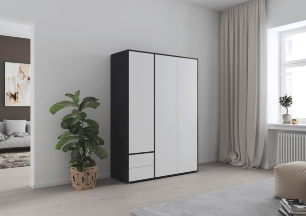 Rauch Möbel Nabila, Drehtürenschrank, Kleiderschrank, Kleiderschränke, Garderobe, 3-türig, 2 Schubladen, Push-to-Open, Farbe Weiß/Grau metallic, Schwarz, 140 x 194 x 53 cm Bild 4