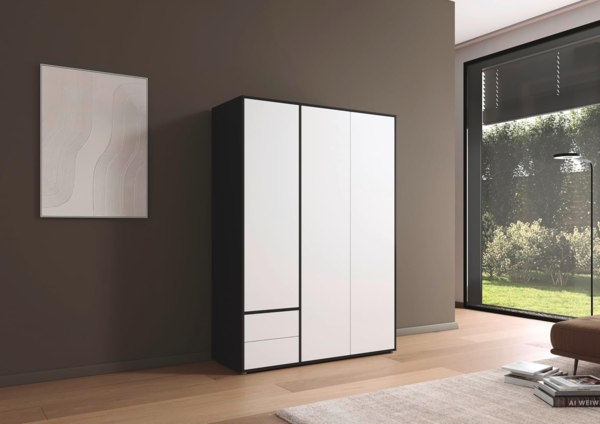 Rauch Möbel Nabila, Drehtürenschrank, Kleiderschrank, Kleiderschränke, Garderobe, 3-türig, 2 Schubladen, Push-to-Open, Farbe Weiß/Grau metallic, Schwarz, 140 x 194 x 53 cm Bild 2