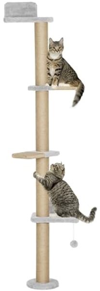 PawHut Kratzbaum Sisalpfosten, Plüschstoff, Wandmontiertes Design, 5-stufiges Design, Hellgrau