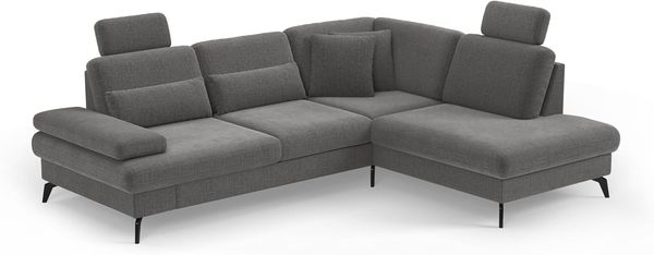 Cavadore Eckcouch Moritz / Ecksofa im trendigen Design mit Bett, Bettkasten, Sitztiefenverstellung, Kopfstützen und mattschwarzen Metallfüßen / 262x82-107x212 / Flachgewebe, Grau