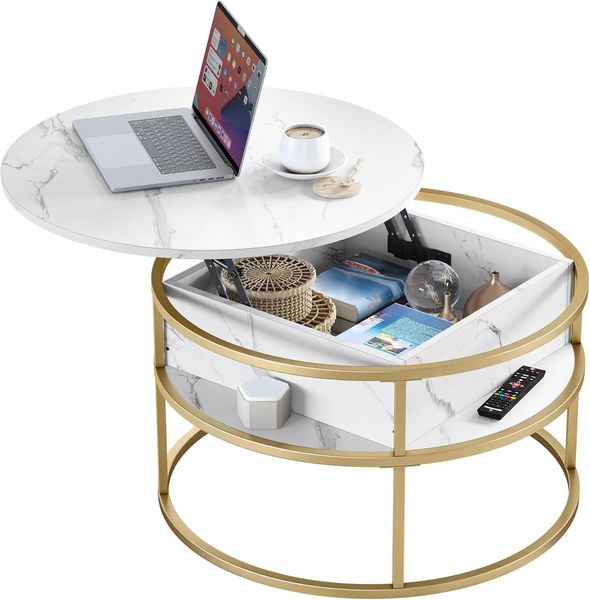 YITAHOME Runder Couchtisch mit Hebetischplatte, mit verstecktem Ablagefach, weißer moderner Couchtisch mit Stauraum für Home Office, Weiß und Gold