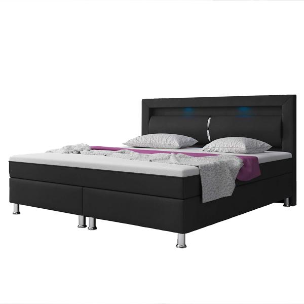 Boxspringbett 'Milano' inkl. Matratze, Topper und LED-Beleuchtung, Kunstleder schwarz TYP 6, 180 x 200 cm