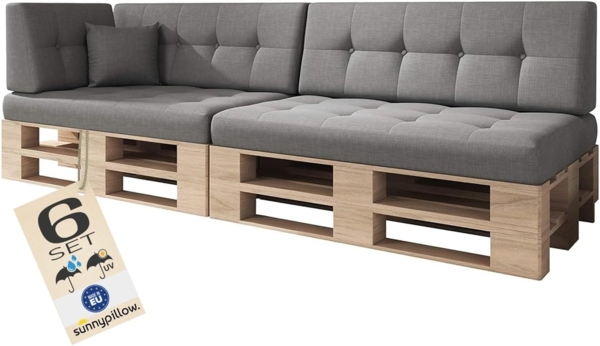 sunnypillow Palettenkissen Kaltschaum UV - beständig Outdoor/Indoor Palettenauflage Palettenpolster Palettensofa Sitzkissen Rückenlehne gesteppt 6er Set 120x80 Silver