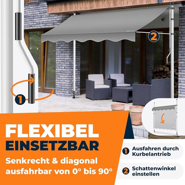 KESSER® Klemmmarkise mit Handkurbel Balkon, Balkonmarkise ohne Bohren, UV-beständig höhenverstellbar wasserabweisend , Sonnenschutz, Terrassenüberdachung , einfache Montage Grau, 250cm Bild 2
