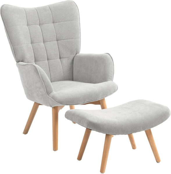 HOMCOM Relaxsessel Ohrensessel mit Hocker, Polstersessel in Cord-Optik (Loungesessel, 2-St, Armlehnstuhl), für Wohnzimmer, Grau