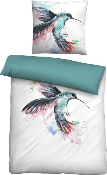 Biberna Linon Bettwäsche Kolibri Größe 135x200/80x80 cm aqua