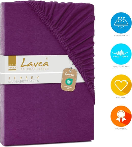 Jersey Spannbettlaken, Spannbetttuch, Lavea Serie Maya, 200x220 cm für Boxspring- und Wasserbetten, Fliederlila, 100% Baumwolle, hochwertige Verarbeitung, mit Gummizug Bild 2