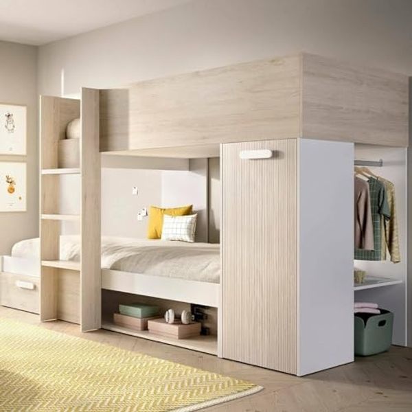 Dmora - Schlafzimmer Focalone, Komplettes Schlafzimmer, Kinderzimmer, Loft-Bett Kit, 246x112 h150 cm, Weiß und Eiche