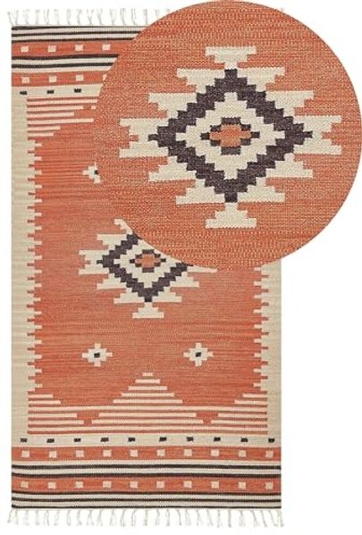 Kelim Teppich Baumwolle orange 80 x 150 cm geometrisches Muster Kurzflor GAVAR