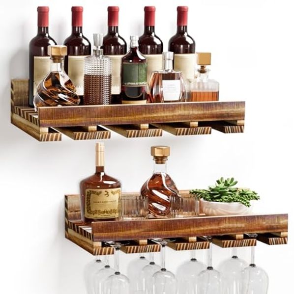 Yorbay Weinregal Set, Weinregal aus Holz Wandregal für Flaschen & Gläser, Wandregal Wandmontiertes Weinregal