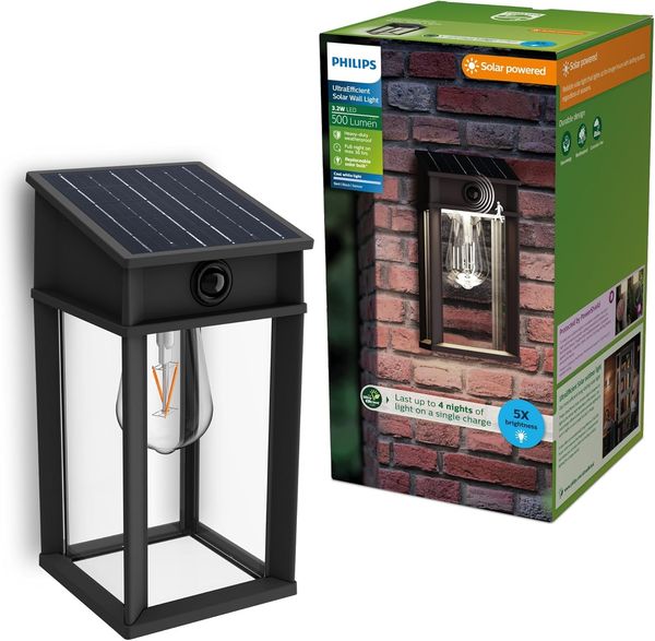 Philips Geri UltraEfficient Solar-Wandleuchte für den Außenbereich, quadratisch, austauschbare Solarlampe, Bewegungssensor, 4000K kaltweißes Licht, Schwarz
