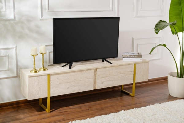 Stylish and Sturdy TV Stand, Travertine, Gold, 180 x 45 x 30 | 100% Melamine Coated Particle Board, Thickness:18 mm | Perfect for Modern Home Office & Study Spaces, Elegant and Functional Design