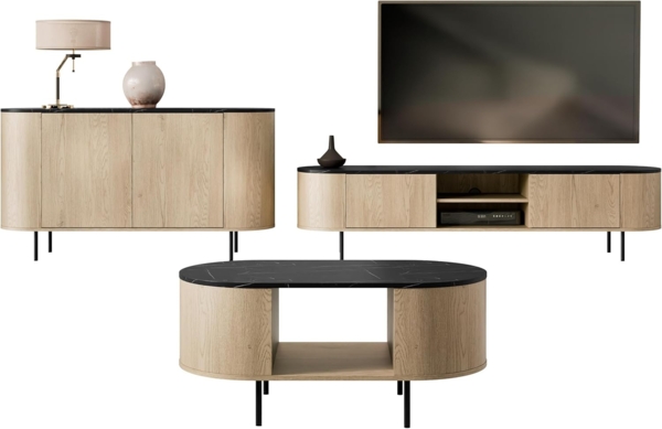 Wohnzimmer-Set Lygrint I (Farbe: Eiche Cremona / Marmor Schwarz + Schwarz)