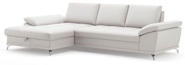 Cavadore Eckcouch Castiel mit Federkern / Ecksofa mit großem Longchair, Sitztiefenverstellung und mattschwarzen Metallfüßen / 301 x 89 x 176 / Echtleder, Weiß