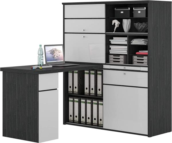 Regal-Schreibtisch >9564< (B/H/T: 127 x 150 x 51 cm) Ash-Oak Lack weiß Spiegelglanz