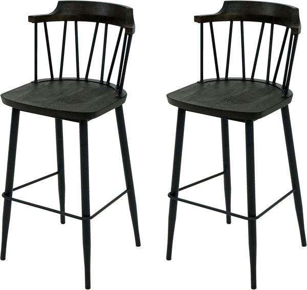 2er-Set Barhocker HWC-G69b, Tresenhocker Barstuhl, Massivholz Retro Design Metall Fußablage Gastronomie ~ anthrazit