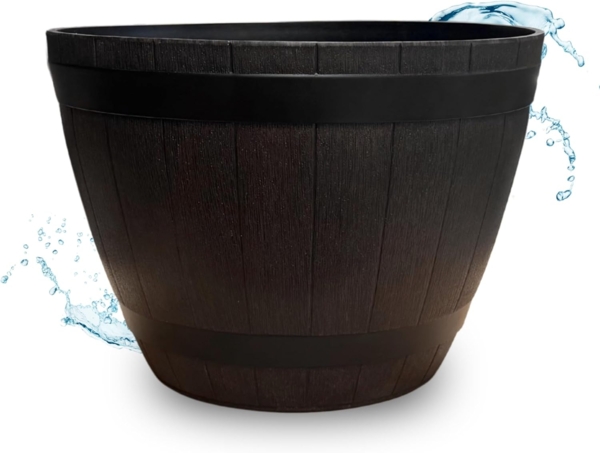 matches21 HOME & HOBBY Blumentopf Große Holzfass-Optik Pflanzschale braun für draußen 51 x 36 cm (1 St), Wetterfester Holzoptik Pflanzkübel als Blumenschale Brunnenschale