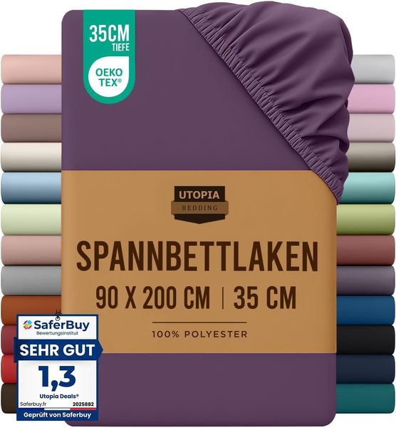 Utopia Bedding - Spannbettlaken 90x200 cm - Lila - Oeko-Tex Zertifiziertes Gebürstete Polyester-Mikrofaser Spannbetttuch - 35 cm Tiefe Tasche