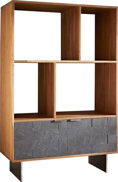 Regal Teele 90x130 cm Akazie Natur Schiefer 2 Türen Fuß schwebend Edelstahl