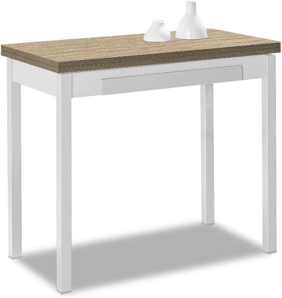 ASTIMESA Küchentisch, Buchtisch, Tisch mit laminierter Platte in Heller Eiche, weiße Struktur, ideal für kleine Räume, Maße geschlossen: 90x50 cm, Maße geöffnet: 90x100 cm.