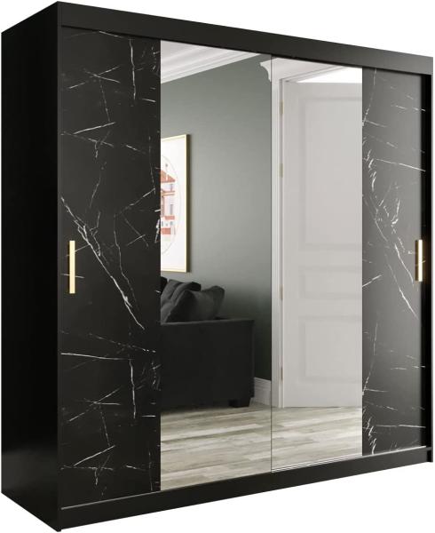 Kleiderschrank Kamoga T1 200 (Schwarz / Marmor Schwarz + Gold, mit Schubladen)