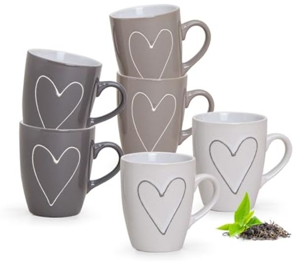 matches21 HOME & HOBBY Tasse Schöne Kaffeetassen 6er Set einfarbig mit Herzen Landhaus-Stil, Keramik, Tee Kaffee-Becher, modern, grau beige weiss, 250 ml