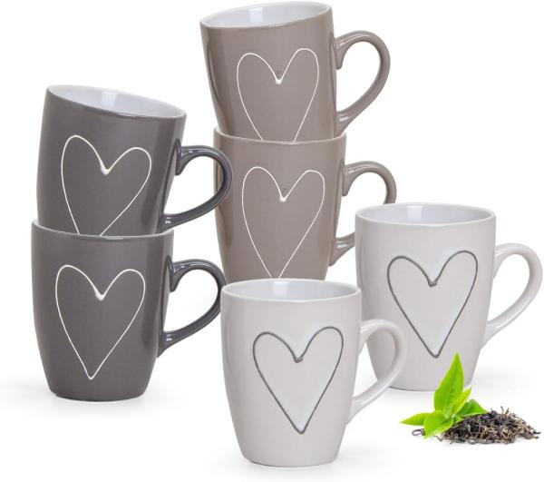 matches21 HOME & HOBBY Tasse Schöne Kaffeetassen 6er Set einfarbig mit Herzen Landhaus-Stil, Keramik, Tee Kaffee-Becher, modern, grau beige weiss, 250 ml