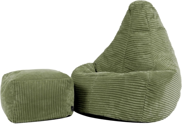 Icon Dalton Sitzsack Kinder mit Hocker, Grün, Flauschiger Cord Stoff, Sitzsack Cord mit Füllung, Bequemer Kinder Gaming Sessel, Kuschelsessel, Lese Sessel, Schlafzimmer, Kinderzimmer, Spielzimmer