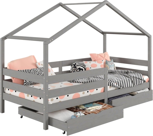 IDIMEX Kinderbett ENA, Hausbett Montessori 90 x 200 Bett Rausfallschutz Kiefer Schubladen Kin