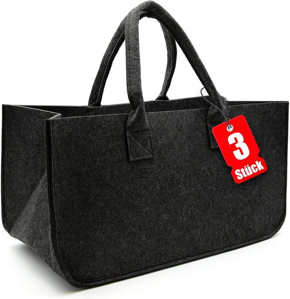 BigDean Aufbewahrungstasche 3x Filztasche in Anthrazit für Kaminholz oder als Shopper verwendbar (Set, 3-tlg, Tasche/n), Faltbare, Wiederverwendbare, Ökologische Filztasche