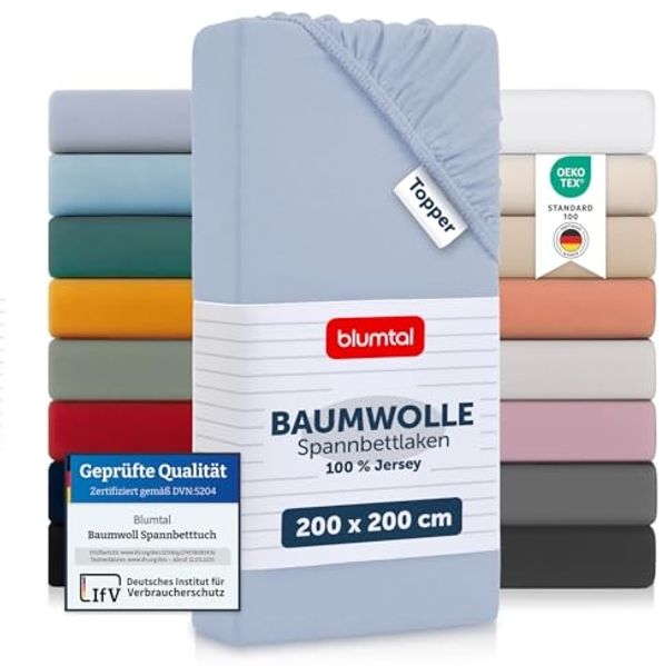 Blumtal® Basics Jersey Spannbettlaken 200x200 cm -Oeko-TEX Zertifiziert, 100% Baumwolle Bettlaken, bis 7cm Topperhöhe, Hellblau