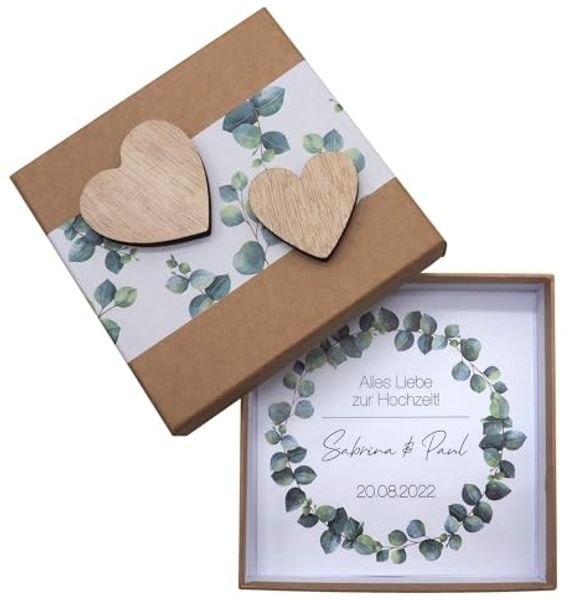 ZauberDeko Geschenkbox Personalisierte Geldgeschenk Verpackung Hochzeit Kraft Herz Eukalyptus