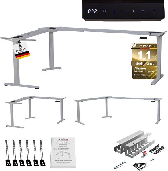 Albatros Eck-Schreibtisch-Gestell Lift L7S + Kabelkanal, Silber, stufenlos verstellbar in Höhe, Breite und Winkel, 3 Motoren, elektrisch