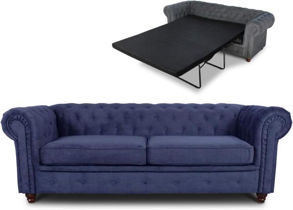 Schlafsofa Chesterfield Asti Bis 3-Sitzer, Sofa mit Schlaffunktion, Couch 3-er, Couchgarnitur, Sofagarnitur, Holzfüße - Glamour Design (Blau (Capri 89))