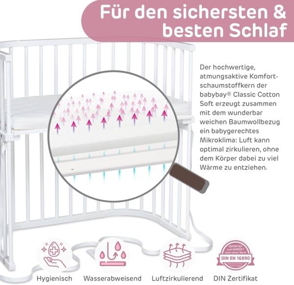 babybay Boxspring Beistellbett aus massivem Buchenholz mit Matratze Classic Soft / Kinderbett Höhe stufenlos verstellbar & umweltfreundlich / mitwachsendes Babybett (weiß lackiert) Bild 3