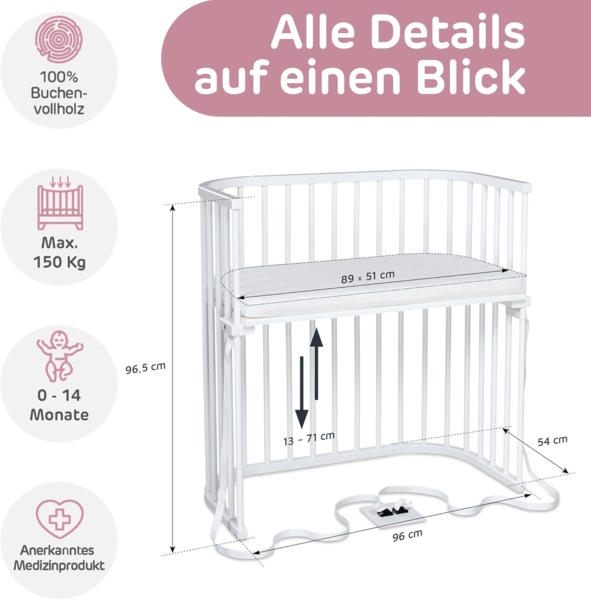 babybay Boxspring Beistellbett aus massivem Buchenholz mit Matratze Classic Soft / Kinderbett Höhe stufenlos verstellbar & umweltfreundlich / mitwachsendes Babybett (weiß lackiert) Bild 6