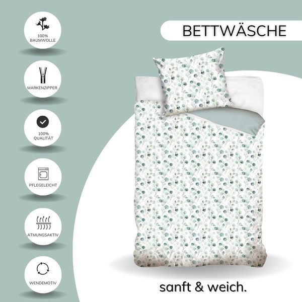 MTOnlinehandel Bettwäsche Eukalyptus, Blumen, Blätter, Zweige 100 % Baumwolle, Mako-Satin, 2 teilig, sanft, weich für Teenager & Erwachsene, Partnerbettwäsche Bild 2