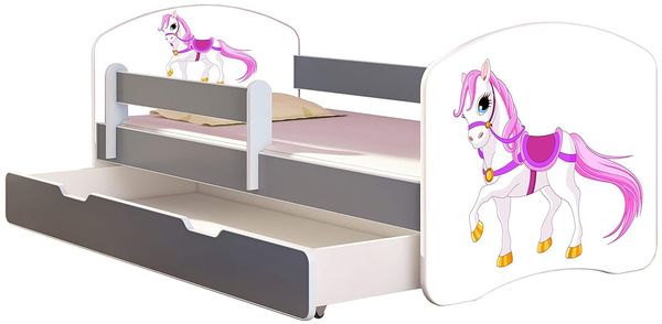 ACMA Kinderbett Jugendbett mit Einer Schublade und Matratze Grau mit Rausfallschutz Lattenrost II (43 Kleines Pferd, 140x70 + Bettkasten)