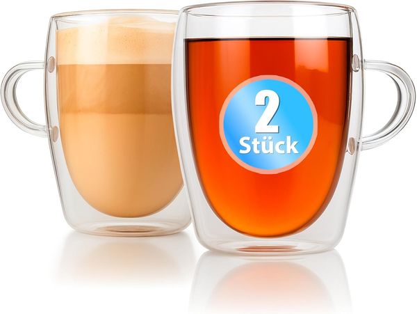 BigDean 2 Stück doppelwandige Latte Macchiato Gläser mit Henkel 300 ml Teetasse Thermogläser Teegläser Kaffeegläser in Geschenkverpackung