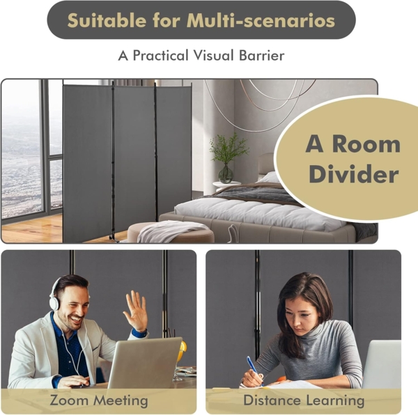 FANTASK Raumteiler auf Rollen aus Stoff, Trennwand faltbar, Paravent 3-teilig, Sichtschutz für Flexibilität und mehr Privatsphäre (Grau) Bild 5