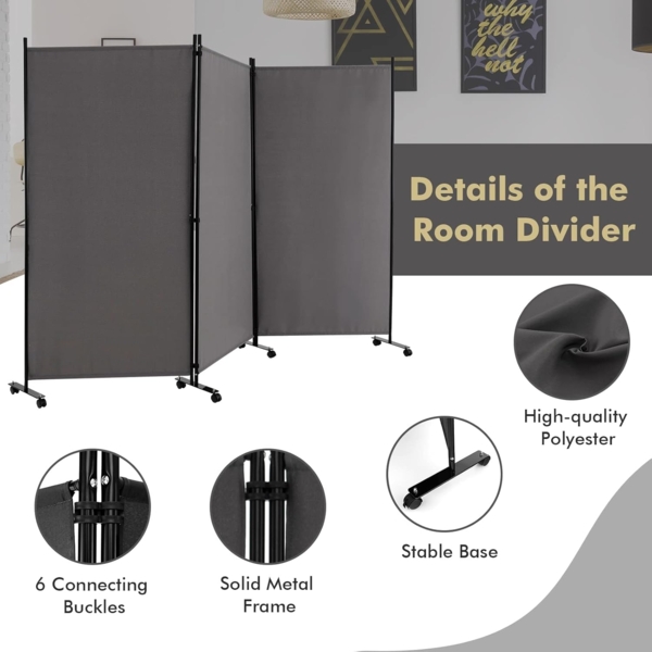 FANTASK Raumteiler auf Rollen aus Stoff, Trennwand faltbar, Paravent 3-teilig, Sichtschutz für Flexibilität und mehr Privatsphäre (Grau) Bild 2
