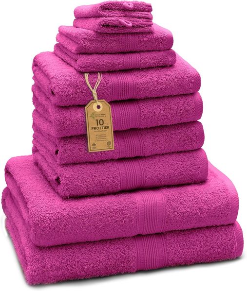 GREEN MARK Textilien 10 TLG. FROTTIER Handtuch-Set mit verschiedenen Größen 4X Handtücher, 2X Duschtücher, 2X Gästetücher, 2X Waschhandschuhe | Farbe: Pink | Premium Qualität
