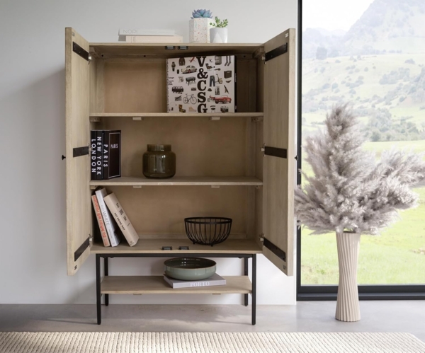 Highboard Nestos 90x140 cm Mango White Wash Metall Schwarz 2 Türen Bild 5